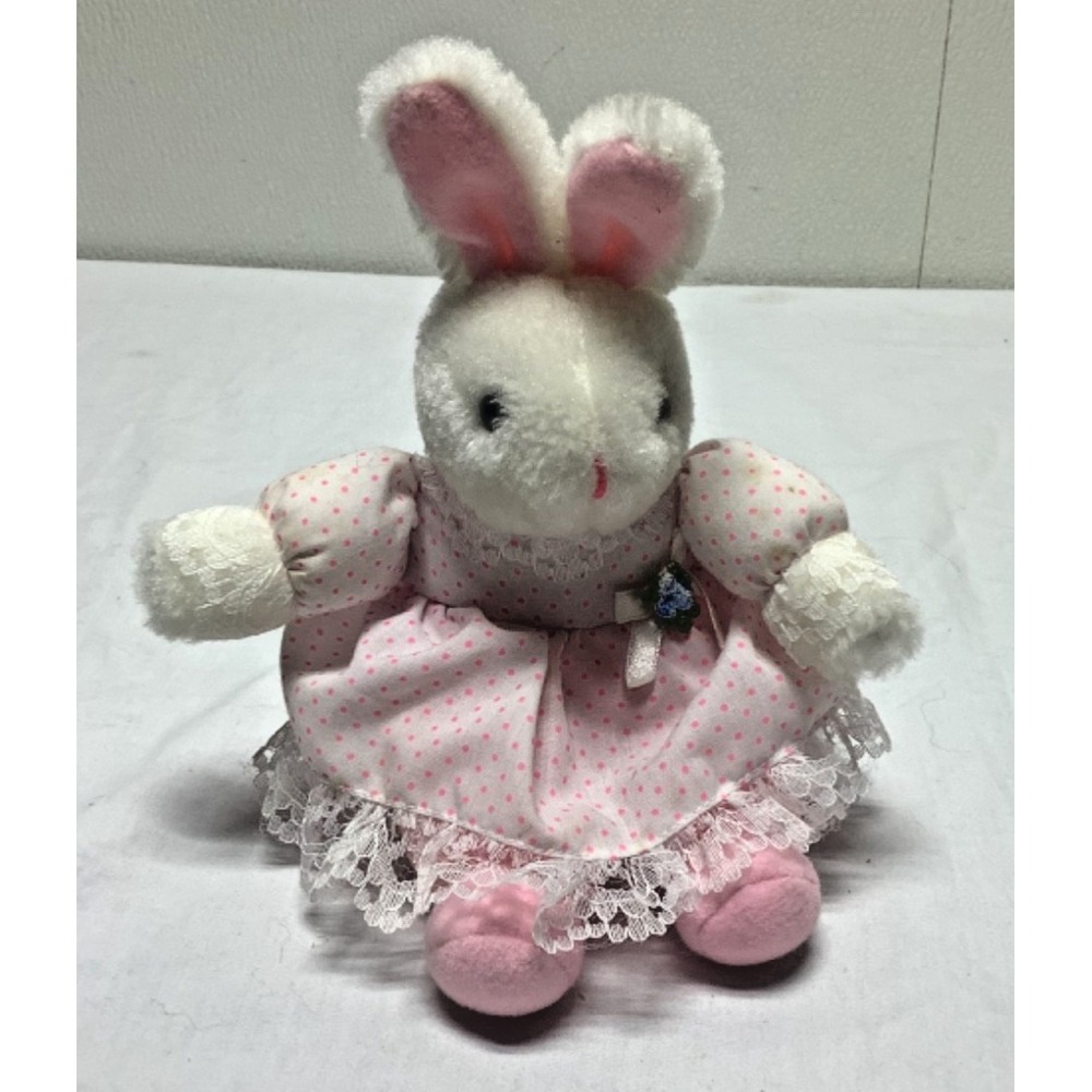 Vintage Kids of America Corp Bunny in Floral Dress 7" Sitting Easter Decor White
